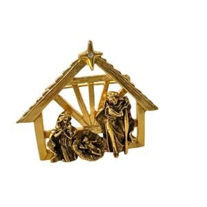 Vintage Estate Jewelry Nativity Scene Brooch Gold Tone w/ Rhinestone Star 2x1.5"